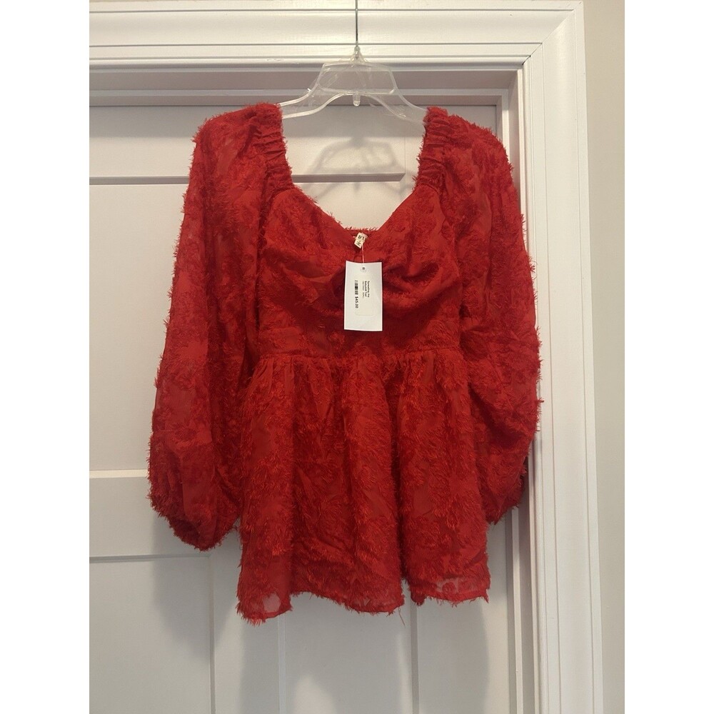 New Jodifl Cherry Red 3/4 sleeve ruffled babydoll blouse Size Small Preppy Flirt